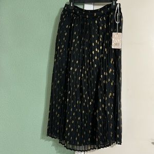 Pleated Elastic Band Black Gold Dots Long Skirt L Large NEW NWT